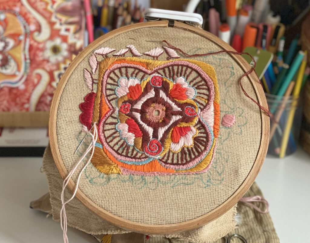 Embroidery on Oak Gall Dyed Fabric